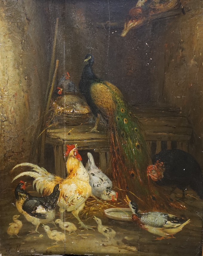 Antoine Guilleminet (French, 1843-1918), pair of oils on panels, Chickens, peacock and ducks in a barn, signed, 40 x 31cm